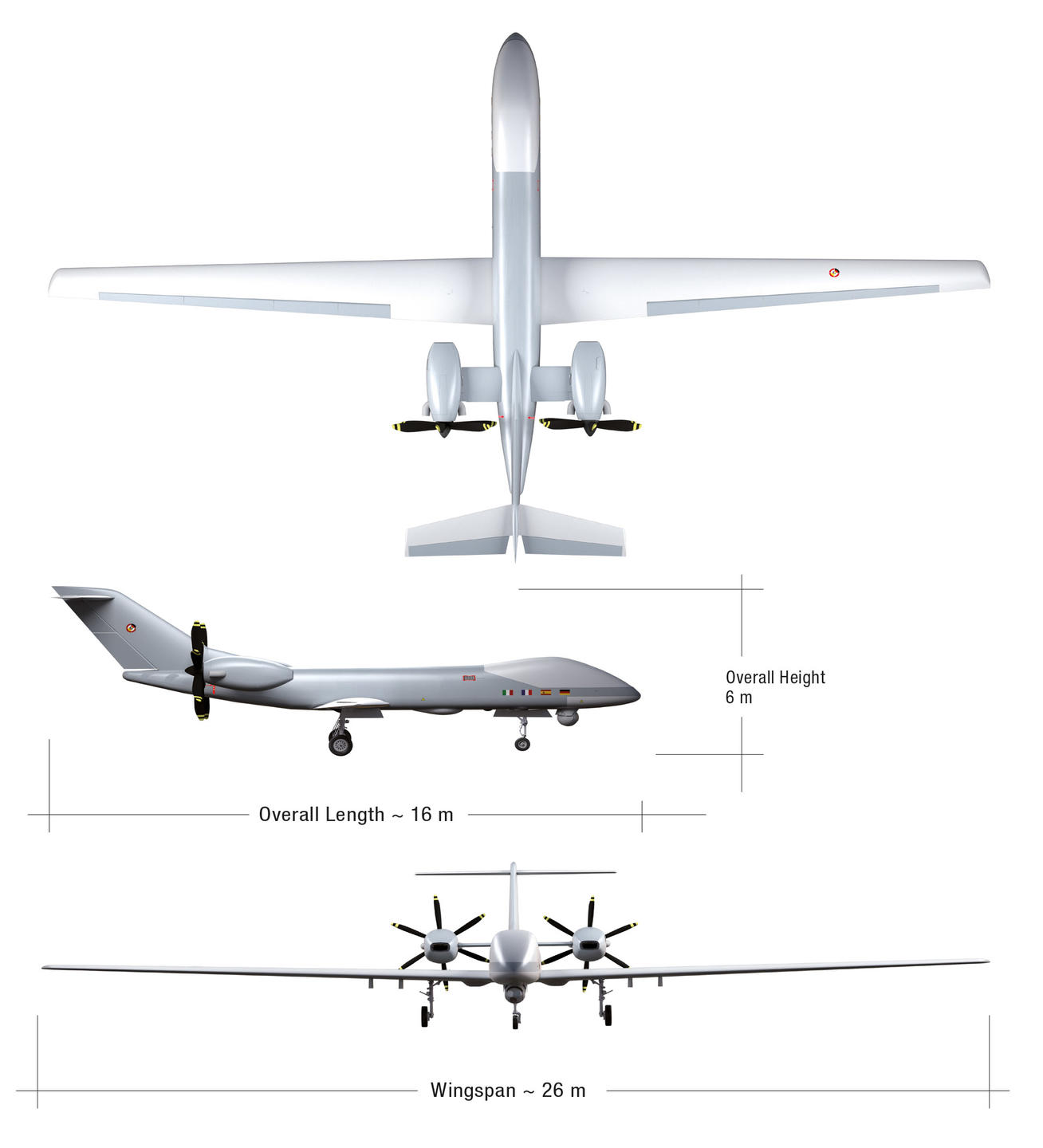 Trittico del prossimo UAV europeo Eurodrone, che monterà il Catalyst di Avio Aero Credits: Airbus