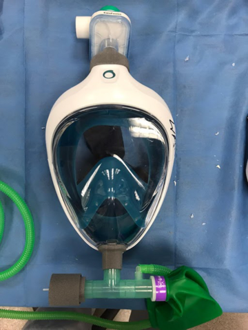 Decathlon Easybreath mask equipped with 3D-printed adaptors and valves Decathlon Easybreath mask equipped with 3D-printed adaptors and valves