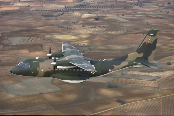 An in-flight CN235 transport aircraft operated by the Turkish Armed Forces. 