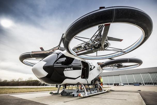 A dramatic view of the CityAirbus all-electric, four-seat multicopter vehicle demonstrator. 