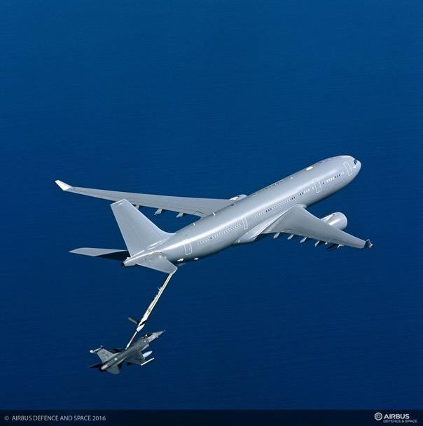 An A330 Multi-Role Tanker Transport delivered to the Royal Australian Air Force is shown during air-to-air refuelling.