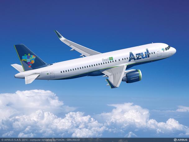 Computer rendering of an Airbus A320neo in Azul Brazilian Airlines livery. 