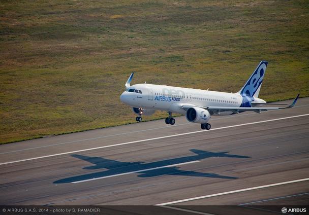 The first A320neo jetliner to fly lifts off the ground at Toulouse-Blagnac Airport’s Runway 32L to begin its landmark maiden flight.