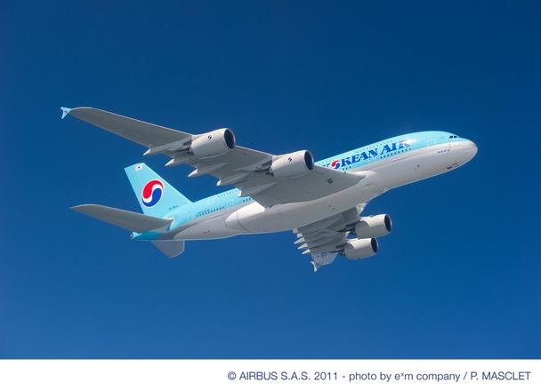 In-flight view of an Airbus A380 delivered to Korean Air. 