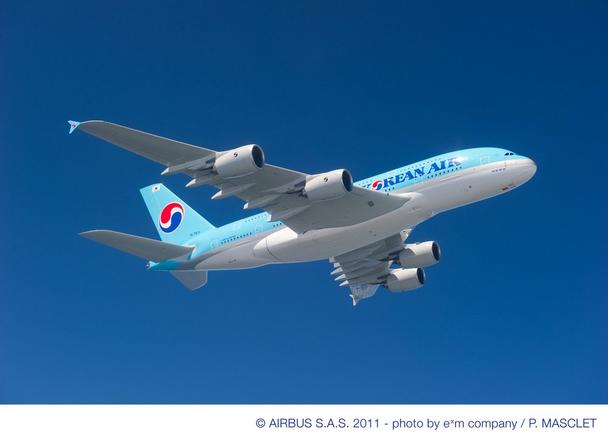A380 Korean Air In-flight view of an Airbus A380 delivered to Korean Air.