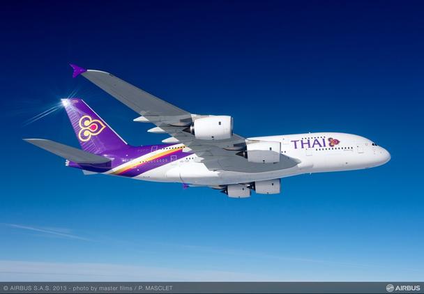 Side view of an in-flight Airbus A380 aircraft delivered to Thai Airways International. 