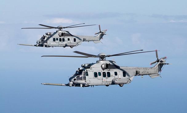 A formation flight with two Airbus H225M military helicopters in service with the Royal Malaysian Air Force. 