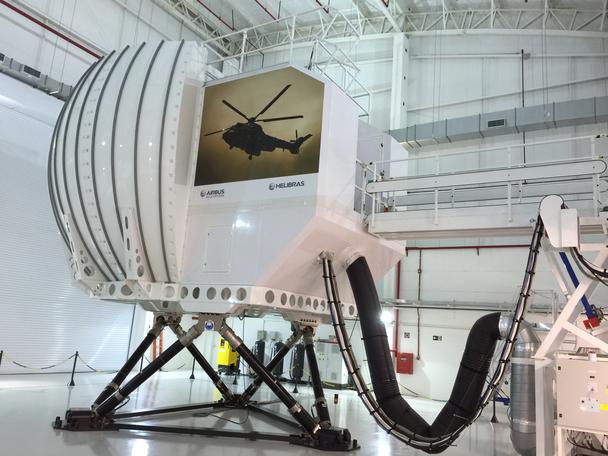 External view of a helicopter training simulator operated by Airbus’ Helibras subsidiary in Brazil. 