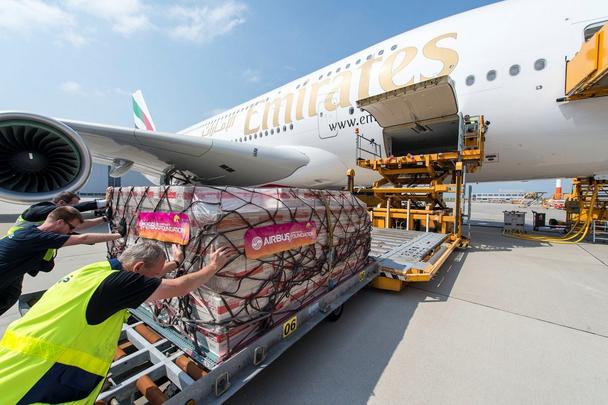 An Emirates A380 being loaded prior to a relief flight.