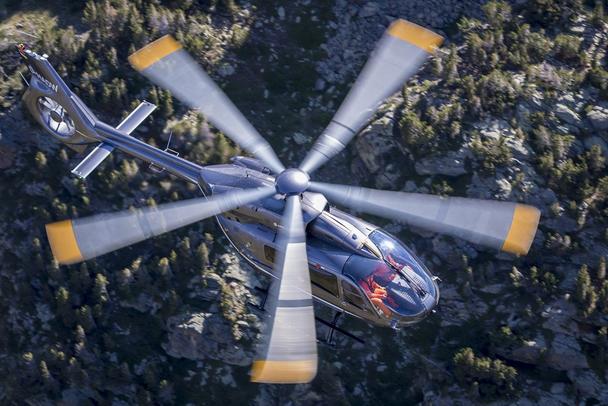 An H145 with the five-bladed rotor in flight. An H145 with the five-bladed rotor in flight.