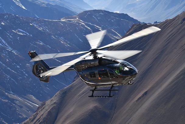 Airbus Helicopters’ five-bladed H145 in flight. Airbus Helicopters’ five-bladed H145 in flight.
