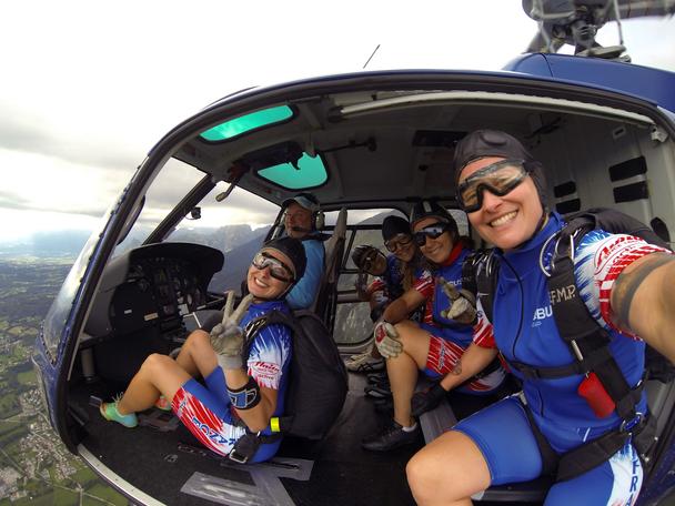Five members of the Airbus-sponsored Ang’elles parachute team are ready for a group jump during international competition