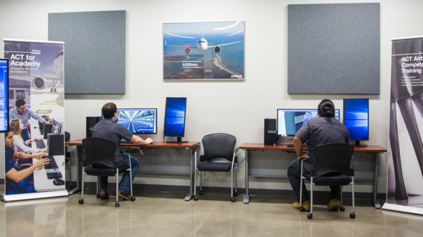 Students of the Airbus' ACT for Academy ‘ACT for Academy’ (Airbus Competence Training) is a maintenance training software solution under the Airbus’ Training Services that aims to familiarise students with the latest Airbus aircraft technology and maintenance procedures, in a classroom environm