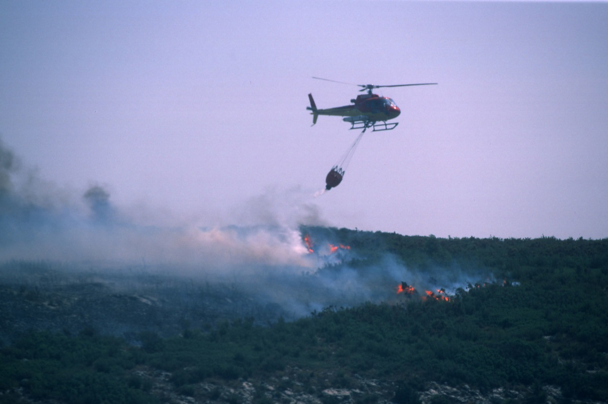 An Airbus-produced H125 helicopter deploys a bucket-type water dispersal system to support firefighting efforts.