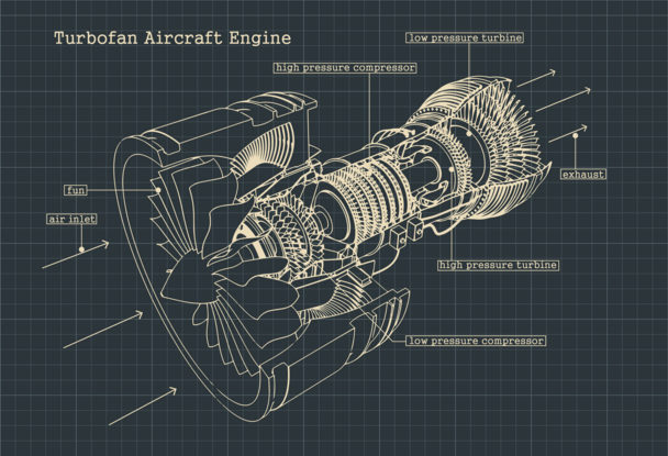 Stylized vector illustration drawings of a turbofan engine