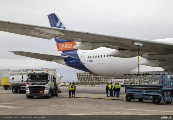 The A350 test aircraft is refuelled with 100% SAF before its first clearance test flight. The A350 test aircraft is refuelled with 100% SAF before its first clearance test flight.