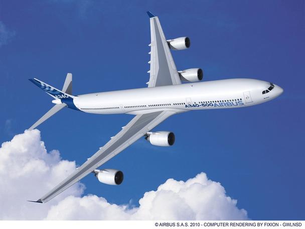 The Airbus A340-500 in flight, with Rolls Royce engines. The ultra long range by Airbus.