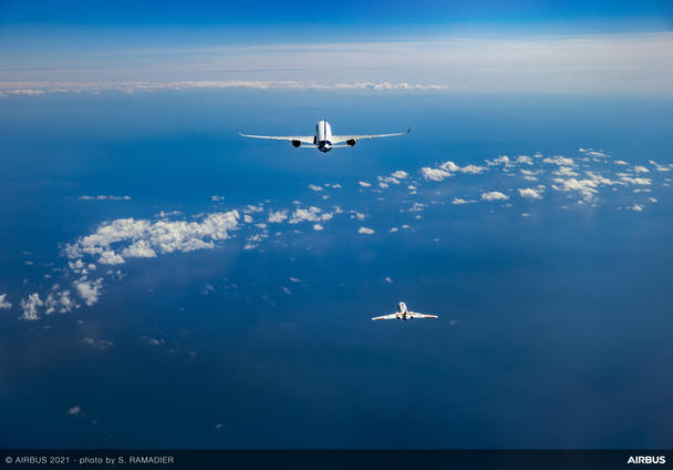 The aerial dance of DLR’s Falcon 20E and #A350 operating on 100% SAF