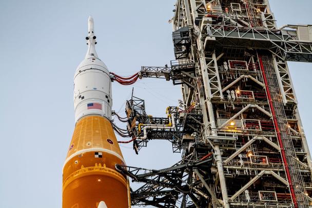 ArtemisI stack rolls out to the launch pad Artemis I pre launch SLS stack
