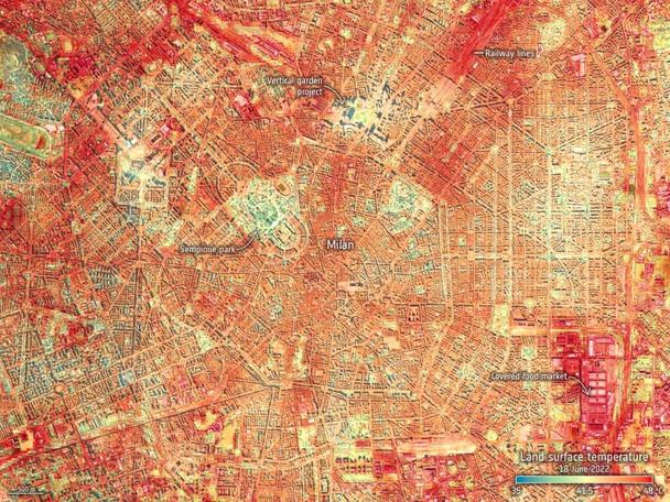 Land surface temperature in Milan on 18 June 2022 - Copyright NASA/JPL Caltech Land surface temperature in Milan on 18 June 2022 - Copyright NASA/JPL Caltech