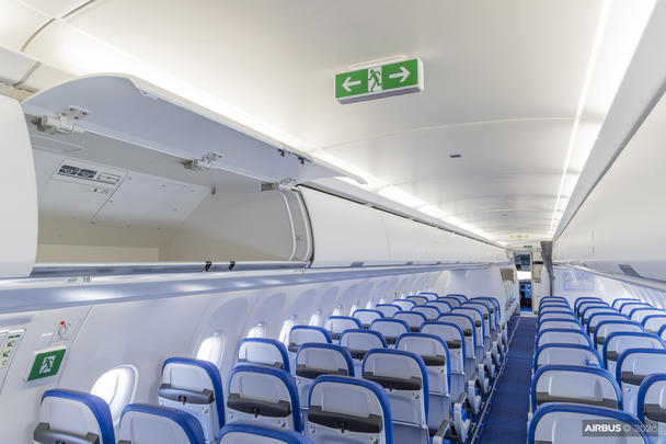The A321XLR's Airspace cabin features new ceiling and sidewall panels and new overhead bins (seen here in the cabin flight-test aircraft 'FT3') plus various passenger & crew comfort enhancements 