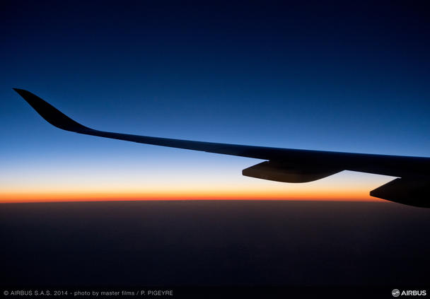 A350-900 Airbus MSN005 Asia tour - sharklet close up at sunset