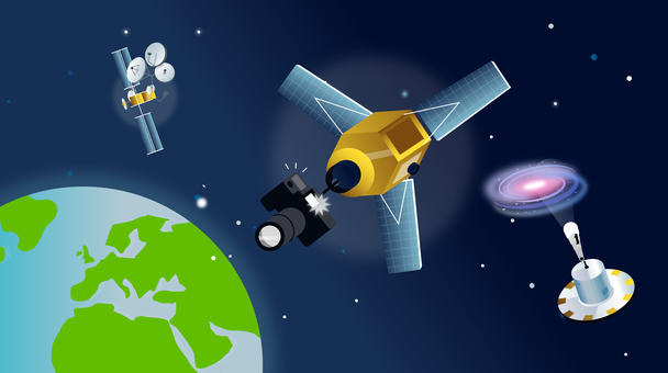 Computer graphic of the earth with satellites showing Computer graphic of earth and satellites