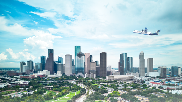 Hydrogen hub at airport ZEROe flying over the city of Houston Houston airport