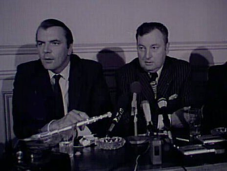 Bernard Lathière, managing director of Airbus Industries, and Pierre Pailleret (left) at the Pan Am press conference on 14 September 1984. Pierre Pailleret