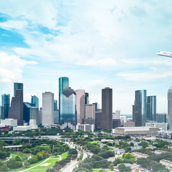 Hydrogen hub at airport ZEROe flying over the city of Houston