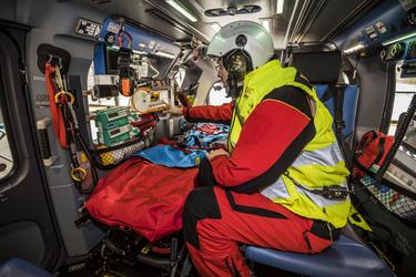 ADAC's H145 helicopter about to take off in the Bavarian Alps