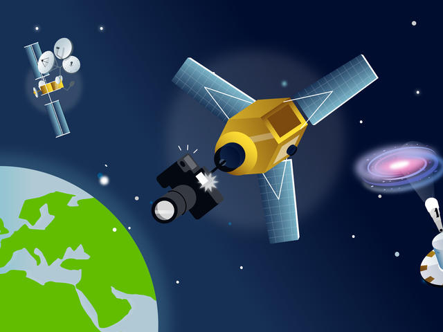 Computer graphic of the earth with satellites showing