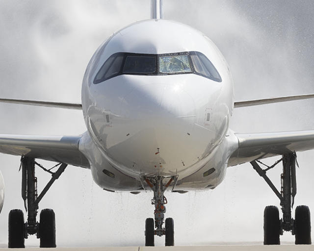 A321XLR First flight - water salute welcome