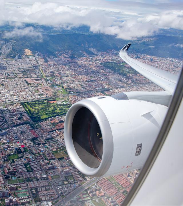 A350 Airbus world tour in Americas in flight above Bogota city