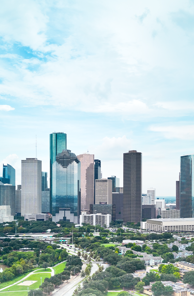 Hydrogen hub at airport ZEROe flying over the city of Houston