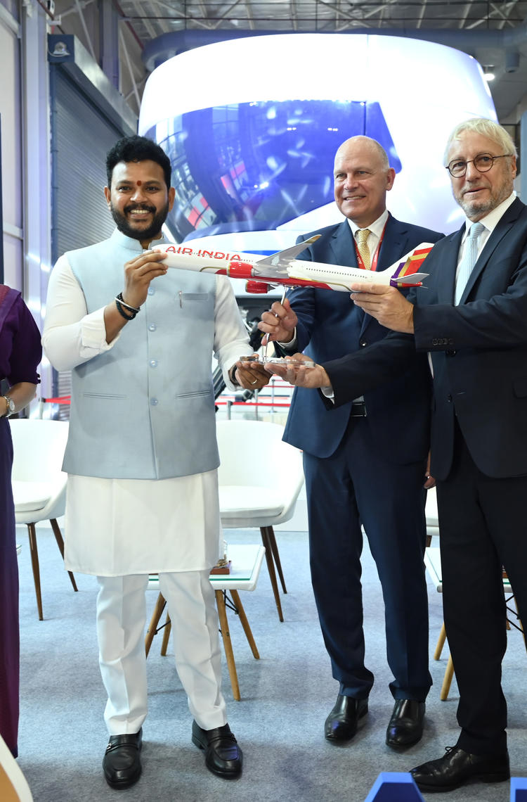 Shri Rammohan Naidu Kinjarapu, Minister of Civil Aviation, Government of India at the inauguration of the Airbus India Training Centre, a 50:50 joint venture facility with Air India, along with Air India CEO Campbell Wilson and Airbus CEO