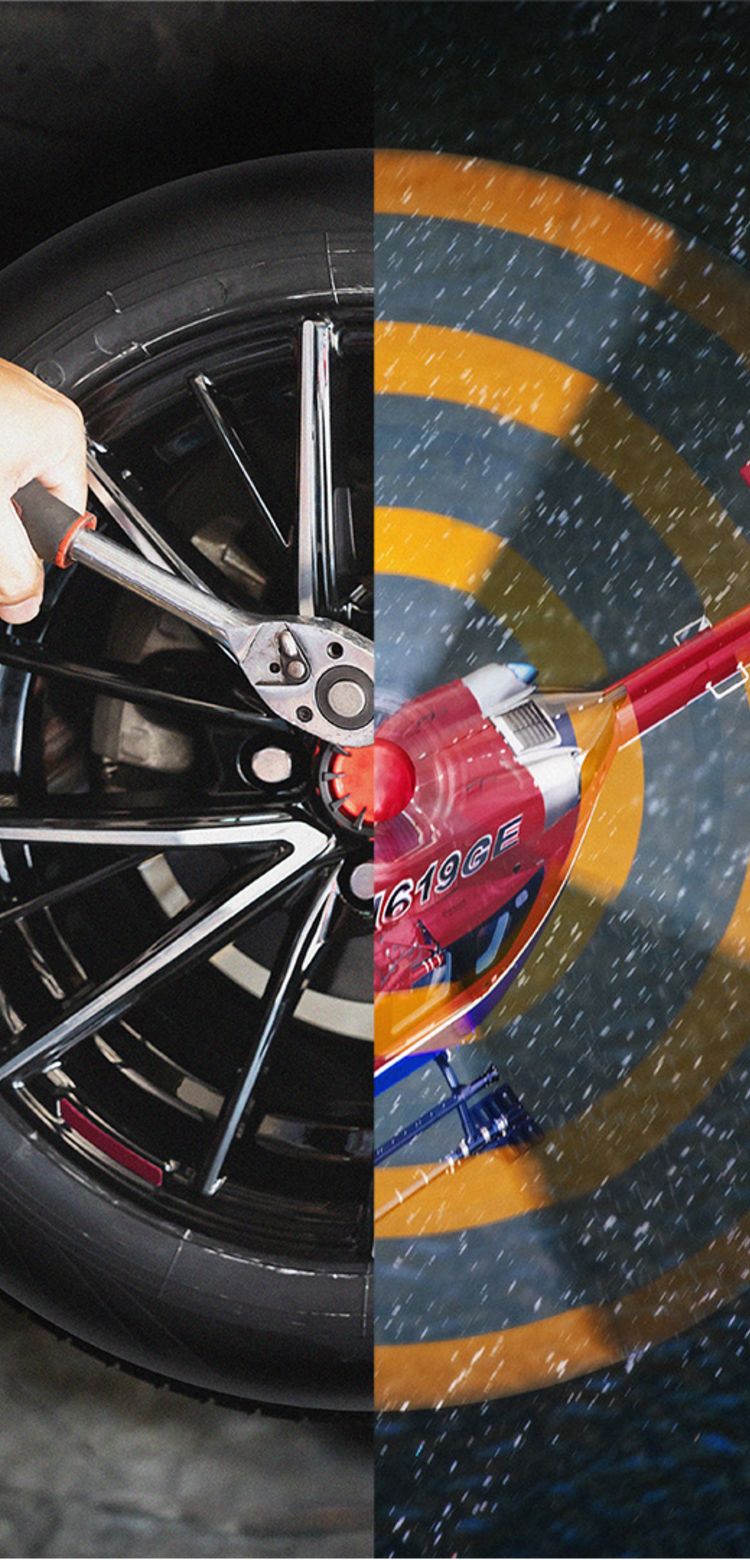 Left side shows a mechanic working on a car wheel, right side shows helicopter from above in flight - the wheel and the blades align to create a circle