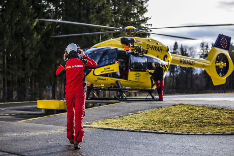 ADAC's H145 helicopter about to take off in the Bavarian Alps