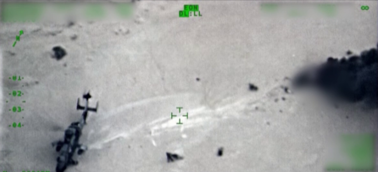 Less than 90 seconds after the crash, the Tiger with its rotor turning lands around 30 metres from the burning wreckage. The sniper, who was the least injured during the crash, drags the Gazelle’s pilot towards the Tiger. Incapable of walking, the command