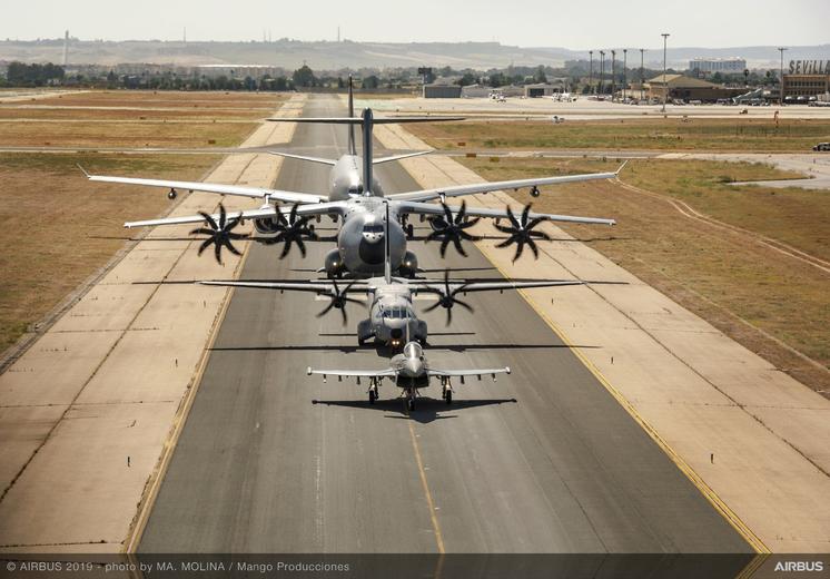 Airbus Military family flight Seville taxiing and take-off