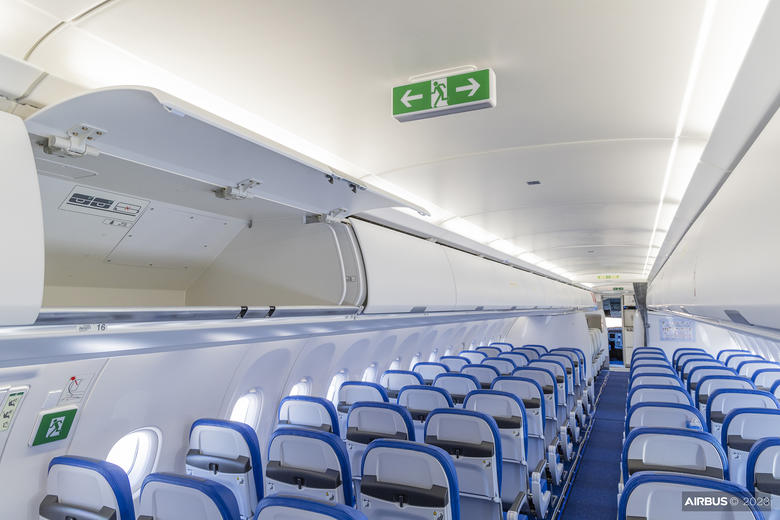 The A321XLR's Airspace cabin features new ceiling and sidewall panels and new overhead bins (seen here in the cabin flight-test aircraft 'FT3') plus various passenger & crew comfort enhancements