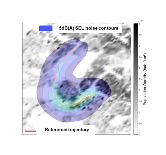 This map shows a helicopter trajectory with noise contours. It allows operators to see where the helicopter's noise emissions in relation to local population density.