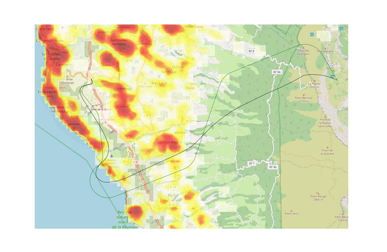 This map shows local population density heatspots while plotting an optimised and non-optimised route for the helicopter.