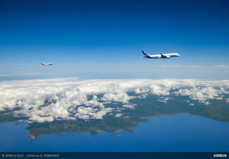 A350 flight test aircraft followed by DLR chase plane during ECLIF3 flight campaign