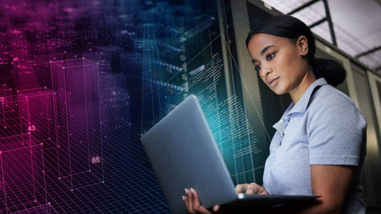 a woman checking a computer in a digital environment