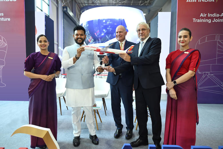 Shri Rammohan Naidu Kinjarapu, Minister of Civil Aviation, Government of India at the inauguration of the Airbus India Training Centre, a 50:50 joint venture facility with Air India, along with Air India CEO Campbell Wilson and Airbus CEO