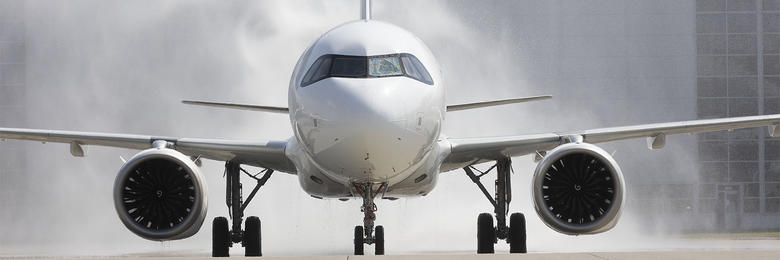 A321XLR First flight - water salute welcome