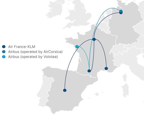 Airbus business travel routes with SAF