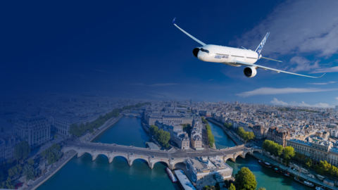 Rendering of an Airbus A350-1000 flying over Paris